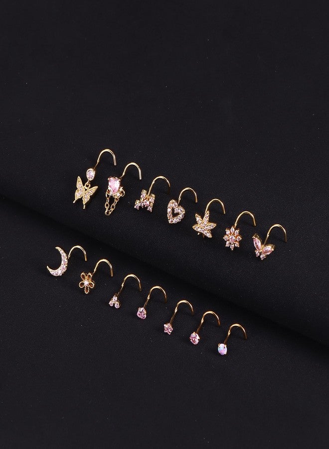 Drperfect Gold Nose Rings Nose Studs for Women Nose Piercings 20G Corkscrew Dangle Nose Rings Studs Simulated Diamond Pink CZ Opal Dangling Dangly Hanging Nose Piercing Jewelry with Heart Star Butterfly Flower Cross Moon Charm Cute Dainty Nose Jewelry - Image 2